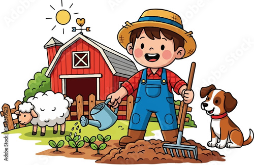 Cute Cartoon Boy with Cow on the Farm Holding a Rope and Smiling

