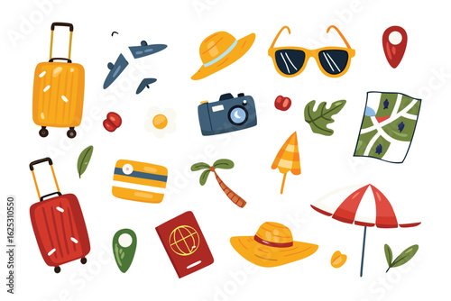 Vacation Essentials: A vibrant illustration of a curated collection of travel essentials, offering a colorful glimpse into the world of adventure.