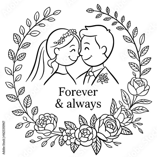 Wedding illustration: The heartwarming embrace of a newlywed couple, captured in an exquisite illustration, framed by a wreath of delicate flowers and leaves, symbolizes eternal love and happiness.