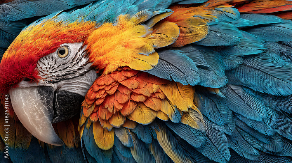 Fototapeta premium Closeup of a Vibrant Macaw Parrot with Blue Orange and Red Feathers