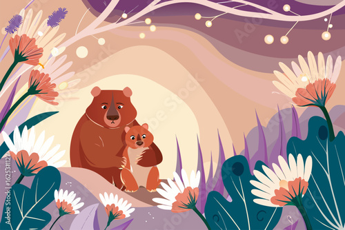 Bajkowa ilustracja matki niedźwiedzicy z dzieckiem. Scena symbolizująca miłość, opiekę i więź rodzinną.