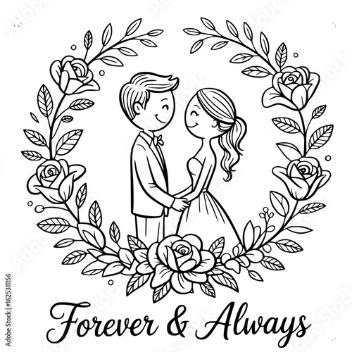 Forever & Always: Intimate and delicate black and white line art illustration depicting a radiant couple, embracing each other within a floral wreath, conveying the timeless message of enduring love.