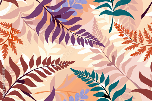 Wzór botaniczny z kolorowymi liśćmi paproci. Eleganckie tło w stylu vintage, idealne do projektowania tkanin i tapet.