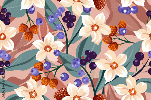 Elegancki wzór botaniczny z kwiatami narcyzów i owocami leśnymi. Ręcznie rysowana ilustracja w stylu vintage, idealna jako tło.