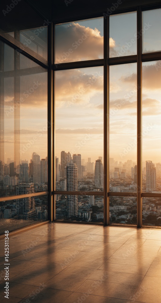 Fototapeta premium Empty room with panoramic city view at sunset through large windows