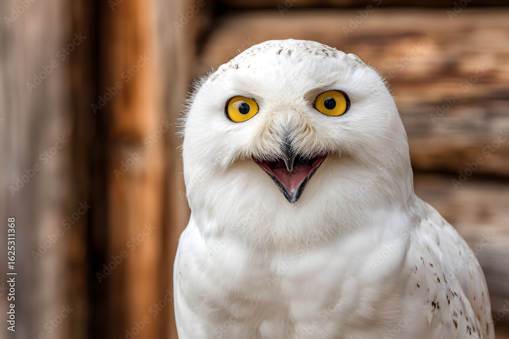 Obraz premium Closeup Portrait of a Happy Snowy Owl Against a Brown Wooden Background