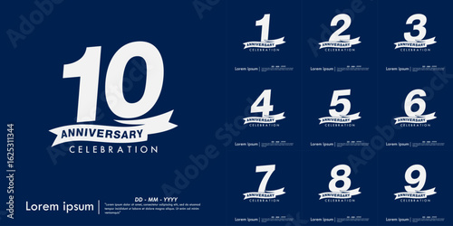 Set of 1st-10th years anniversary celebration emblem. white anniversary logo isolated with ribbon on blue background. vector illustration template design for web banner