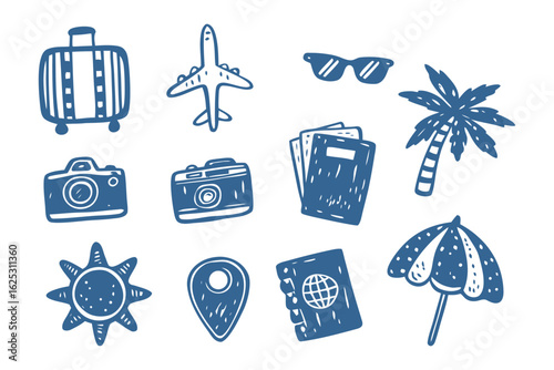 Travel Icons: A collection of hand-drawn travel icons, showcasing the essentials for a memorable journey. From a suitcase to an umbrella.