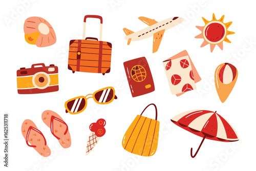 Travel essentials for Summer Adventures: A vibrant illustration of travel essentials, each element meticulously designed. Featuring sunglasses, suitcase, airplane, passport, flip-flops, camera.