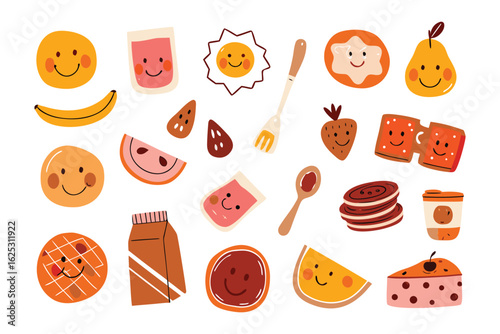 Delicious Delights: A vibrant arrangement of happy, animated food icons, showcasing the joy and playful character of everyday treats and culinary experiences.