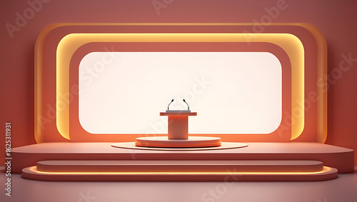 Minimalist stage with glowing neon accents and a central pedestal under a bright spotlight