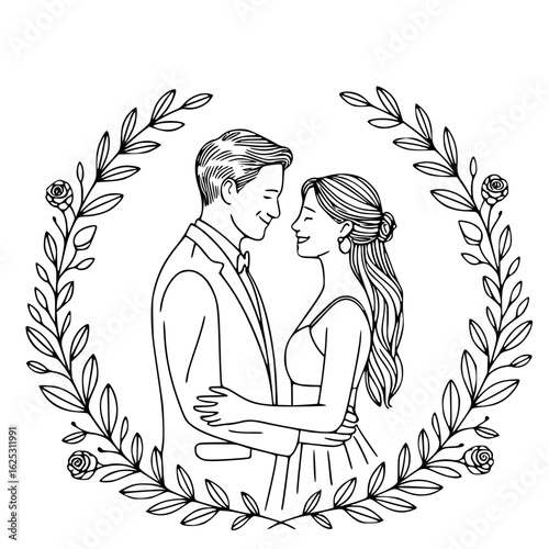 Timeless Wedding Embrace: A tender moment unfolds as a couple, intertwined within a botanical wreath, shares an intimate embrace, symbolizing the beginning of their shared journey.