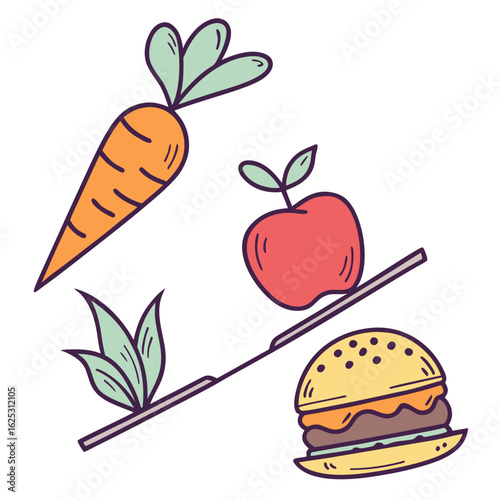 Illustration of a carrot apple burger and leaves arranged diagonally on a white background surface view