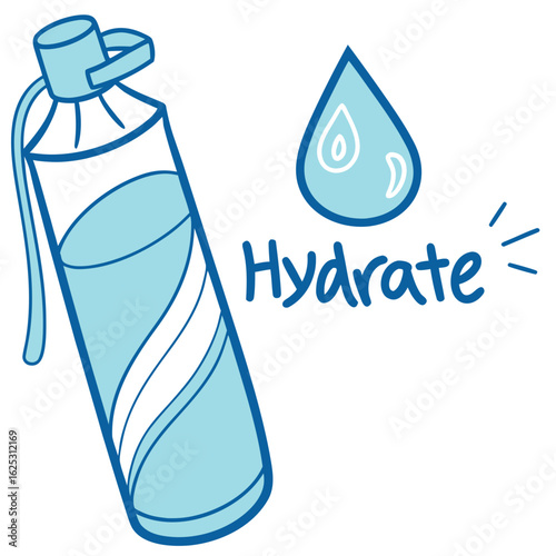 Illustration of a water bottle and a water drop with the word hydrate next to the water drop