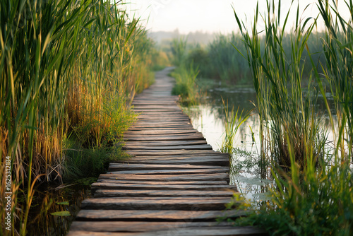 wooden walkway over a swamp with green reeds, morning light reflections on water