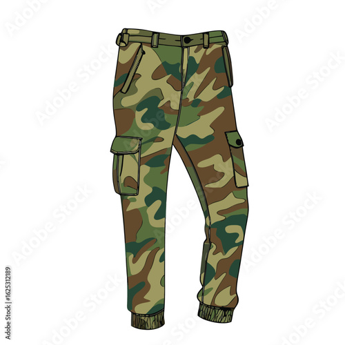 Camouflage cargo pants with multiple pockets and elastic cuffs green brown
