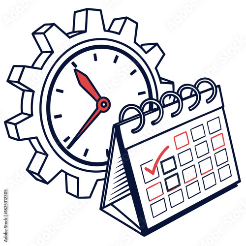 A clock with gears and a calendar with a check mark on it representing time management skills