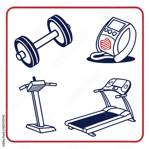 Illustration of dumbbell, body fat analyzer, and two types of treadmill machines inside frame