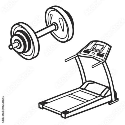 Illustration of a weight with plates and a treadmill for exercise and fitness training at the gym