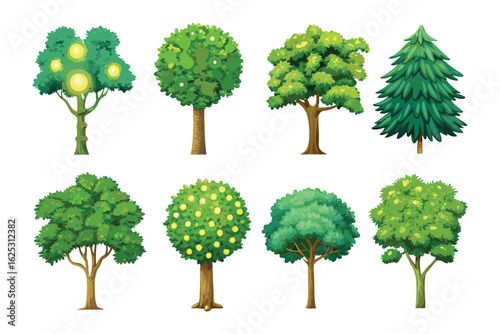 Variety of Trees Illustration: A colorful illustration showcasing a diverse collection of trees in various shapes and styles, offering a vibrant and educational look at the world of arboreal life.