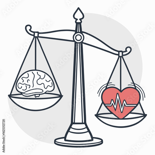 A balance scale with a brain on one side and a heart with heartbeat line on the other side shown