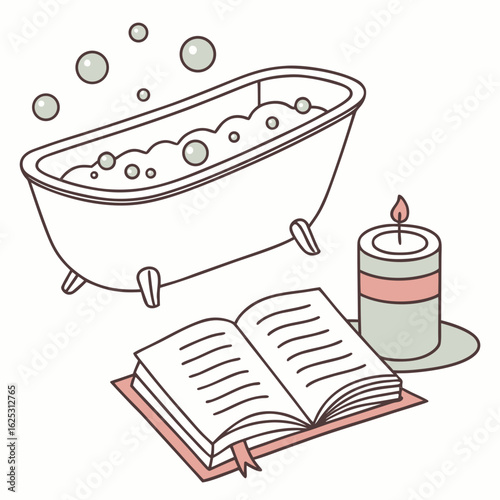 Illustration of a bathtub with bubbles, a book, and a candle for a relaxing bath time scene
