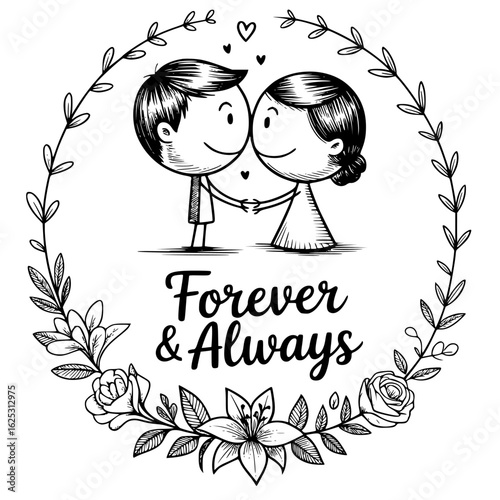 Eternal Bond: A timeless illustration of two figures intertwined, hand-in-hand, enveloped by an elegant floral wreath, epitomizing the enduring promise of Forever & Always.