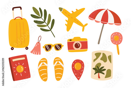 Travel Icon Set: A vibrant set of travel-themed icons, inviting viewers to imagine vacation. Including elements such as luggage, camera, airplane, umbrella, and map, perfectly suited for tourism.