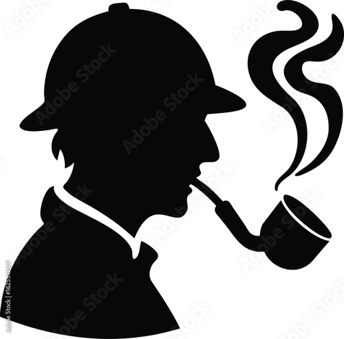 Vector illustration of silhouette of a detective smoking a pipe isolated