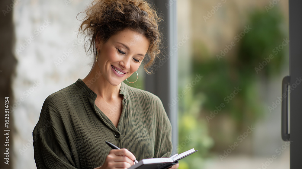 Fototapeta premium A woman checking her planner in warm sunlight