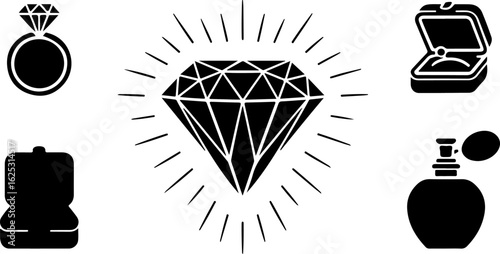 Black silhouette icons of a diamond ring jewelry box and perfume bottle Keywords: silhouette, diamond ring