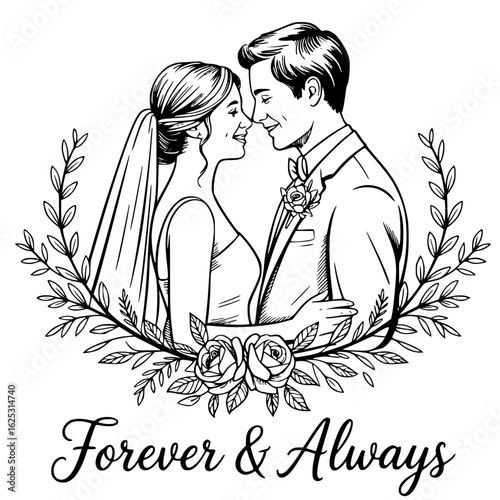 Eternal Bonds: A delicate black and white illustration captures a tender moment of marital bliss between a couple, their faces alight with the promise of forever, accented by floral embellishments. 
