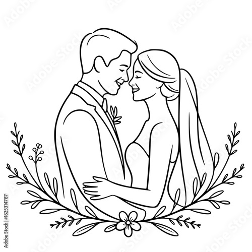 Eternal Embrace: A hand-drawn line art illustration of a couple in their wedding day embraces each other tenderly, capturing a moment of romantic bliss, framed with delicate floral elements.