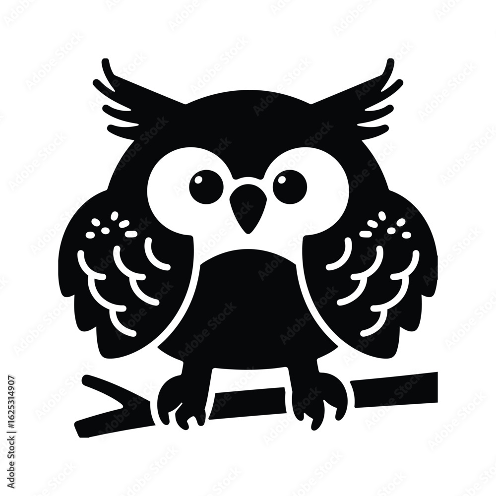 Naklejka premium Stylized cartoon owl with big eyes on branch, solid black vector
