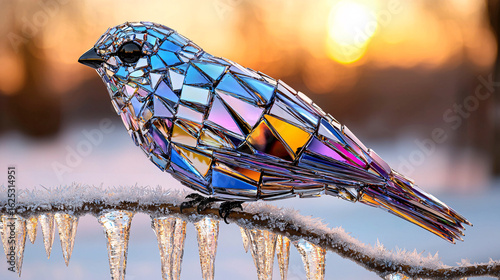 Abstract Crystal Bird Perched on Icy Branch in Winter Sunset