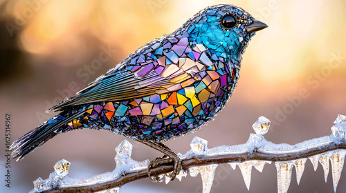 Abstract Bird Mosaic on Icy Branch in Winter Sunlight Art Illustration