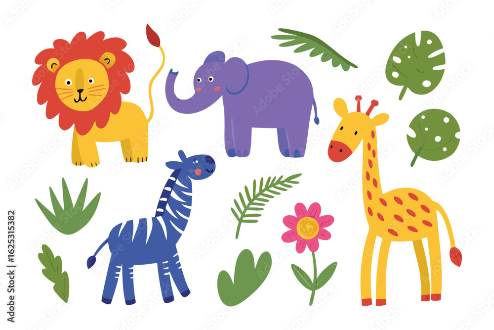 Obraz premium Cute Animals Cartoon Illustration: A charming and colorful illustration of adorable jungle animals, perfect for children's designs and educational materials, radiating joy and playfulness.