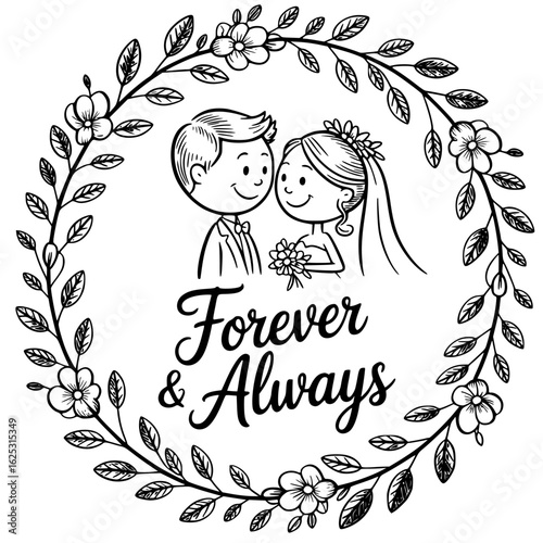 Forever & Always: A hand-drawn illustration captures the essence of love and commitment, featuring a tender couple embraced within a floral wreath, symbolizing the eternal bond of marriage. 