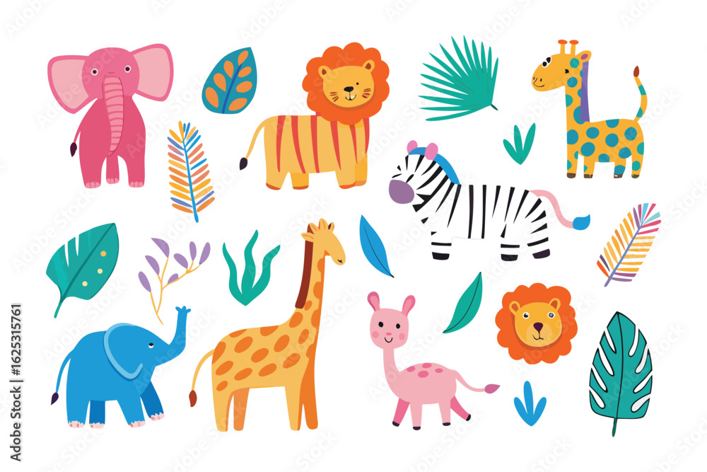 Naklejka premium Whimsical Zoo Animals: A playful collection of vibrant zoo animal illustrations, bursting with life and imagination, perfect for adding a touch of joy and creativity.