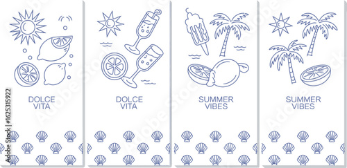 Four summer themed designs with lemons, palms, seashells, and summer vibes