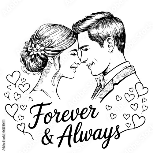 Everlasting Love: A tender sketch of a couple, exuding love, framed by whimsical hearts and elegant calligraphy, symbolizing eternal devotion and commitment.
