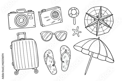 Travel Essentials: A collection of travel-related items, each meticulously illustrated, creating a sense of anticipation for a trip, adventure, vacation, getaway, leisure.