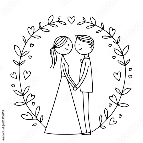 Timeless Embrace: A charming hand-drawn illustration of a bride and groom stands gracefully, framed by a delicate wreath of leaves and hearts, in a beautiful and symbolic representation of unity.