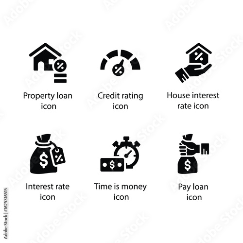 Property loan, Credit rating, House interest rate, Interest rate, Time is money, pay loan, icon