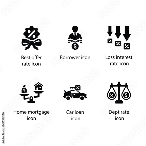 Best offer rate, Borrower, Loss interest rate, Home mortgage, Car loan, Dept rate, icon