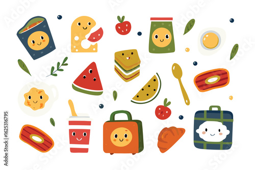 Tasty Snack Illustration: A charming array of whimsical food items, from cheerful sandwich to vibrant fruits, create a playful and delightful scene.