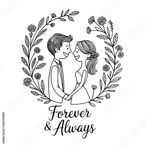 Everlasting Embrace: A charming sketch of a couple, hand-in-hand, encircled by a floral wreath, embodying the timeless essence of love and togetherness. 