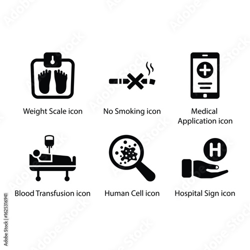 Emergency Siren, Weight Scale, No Smoking, Medical Application, Blood Transfusion, Human Cell, icon