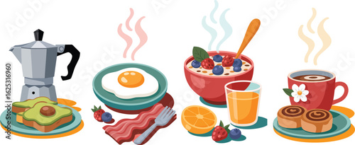 Illustration of a breakfast spread with various food items and beverages