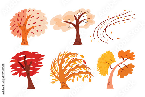 Autumnal trees: A vivid illustration of autumn's beauty, showcasing trees in varying autumnal hues and forms. Each tree is a burst of warm, vibrant color.